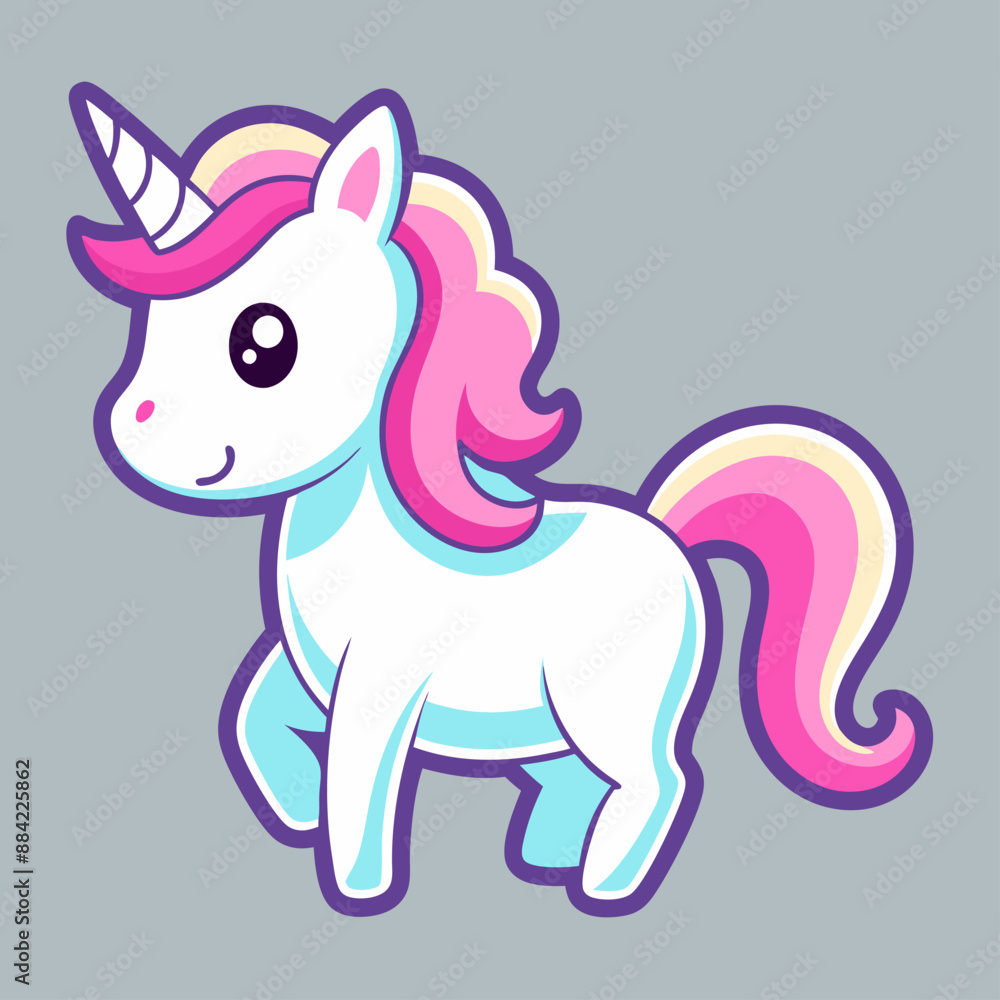 A cute unicorn with pink mane and tail on gray background A cute unicorn with pink mane and tail on gray background