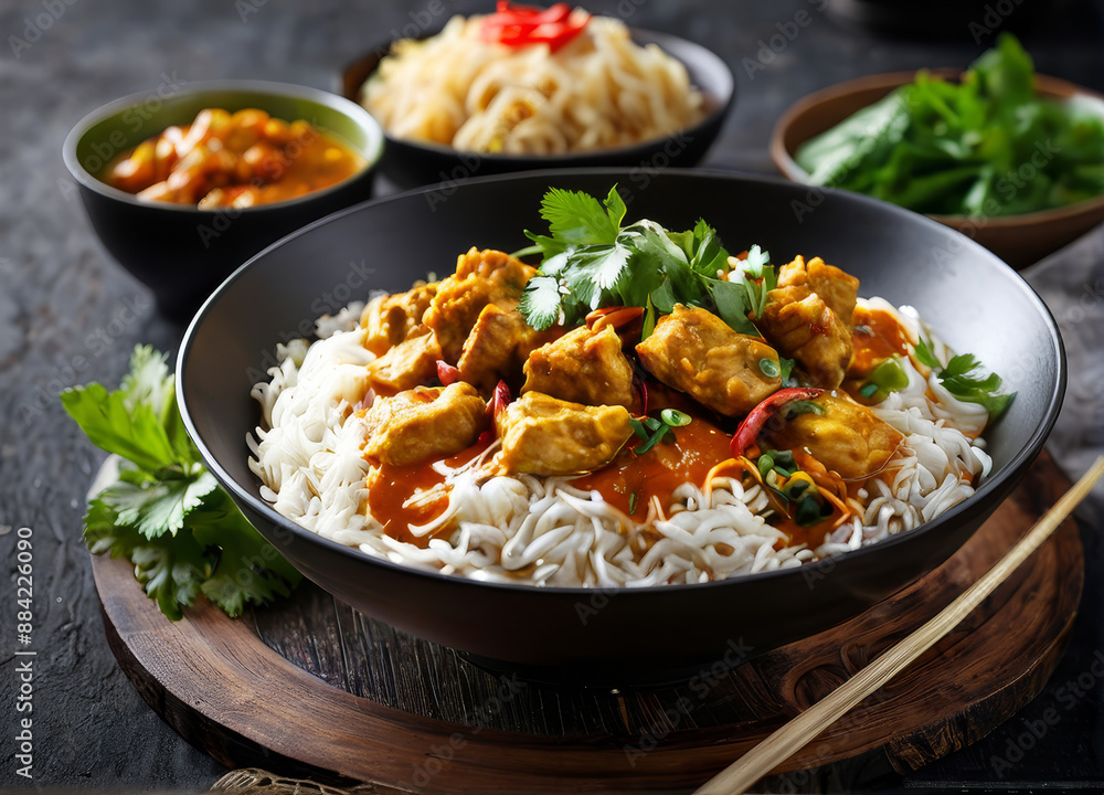 Khanom Jeen Nam Ya with rice noodles and a spicy fish curry sauce, taken from a top-down view to show the entire plate. Khanom Jeen Nam Ya with rice noodles and a spicy fish curry sauce, taken from a top-down view to show the entire plate.
