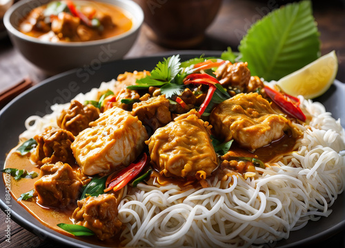 Khanom Jeen Nam Ya with rice noodles and a rich, spicy fish curry sauce, photographed to show the whole plate.