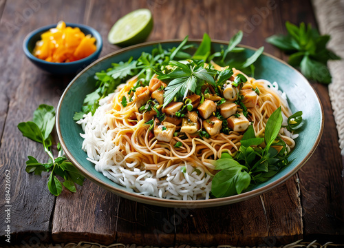 Wide-angle shot of a plate of Khanom Jeen Nam Ya with rice noodles and fresh herbs, captured from an overhead view.