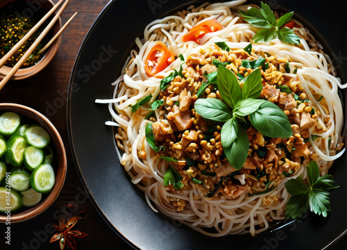 Wide-angle shot of a plate of Khanom Jeen Nam Ya with rice noodles and fresh herbs, captured from an overhead view.