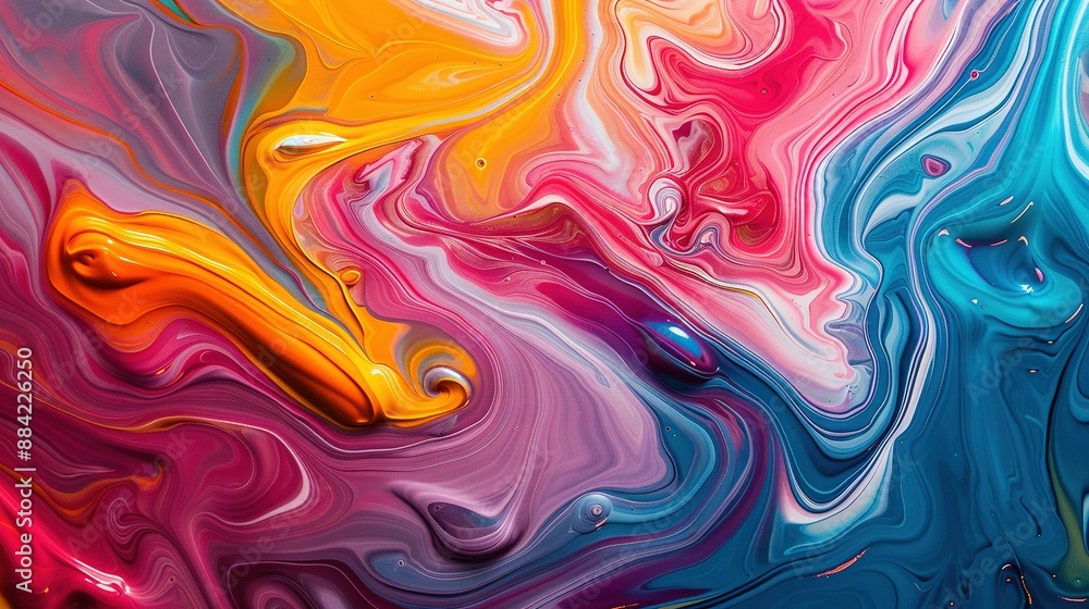 A macro of a rainbow-hued fluid with a water droplet in its center A macro of a rainbow-hued fluid with a water droplet in its center