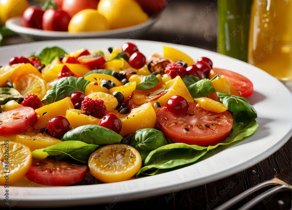 Fresh Summer Salad with Tomatoes, Yellow Peppers, Berries, and Basil Leaves Fresh Summer Salad with Tomatoes, Yellow Peppers, Berries, and Basil Leaves