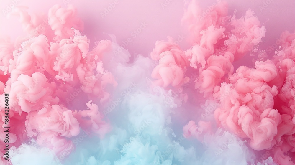 A collection of vibrant pink and blue clouds drifting against a pastel backdrop with a crisp white edge A collection of vibrant pink and blue clouds drifting against a pastel backdrop with a crisp white edge