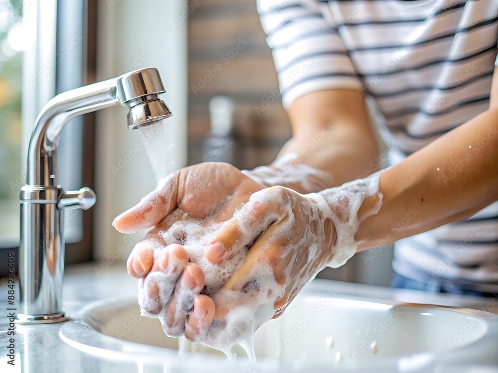 Person Washing Hands With Soap and Water. Person Washing Hands With Soap and Water.