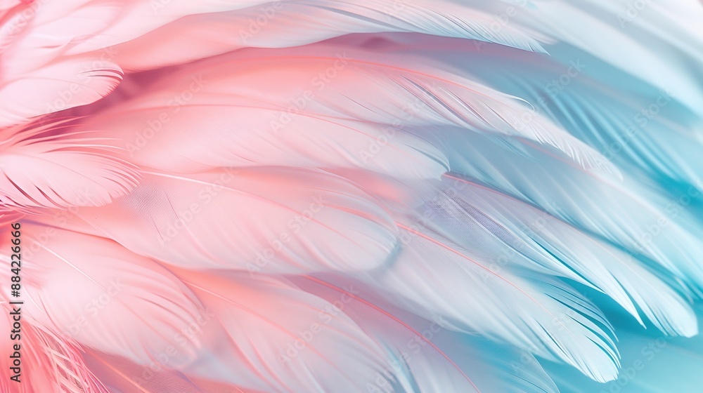 A close-up of colorful bird feathers against a white and blue background, featuring a central pink spot A close-up of colorful bird feathers against a white and blue background, featuring a central pink spot