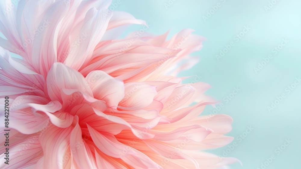 A close-up of a large pink flower against a blue and green backdrop, with a hazy sky in the background A close-up of a large pink flower against a blue and green backdrop, with a hazy sky in the background