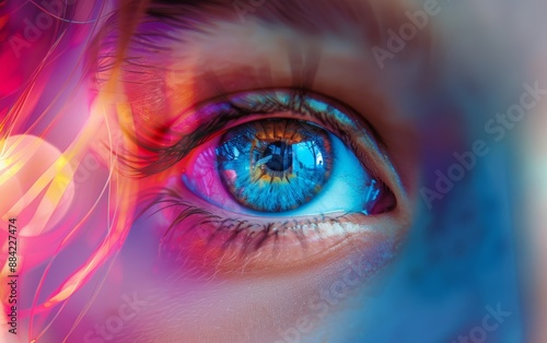 Close-up of a blue eye with colorful light reflections, creating a vibrant and abstract image.