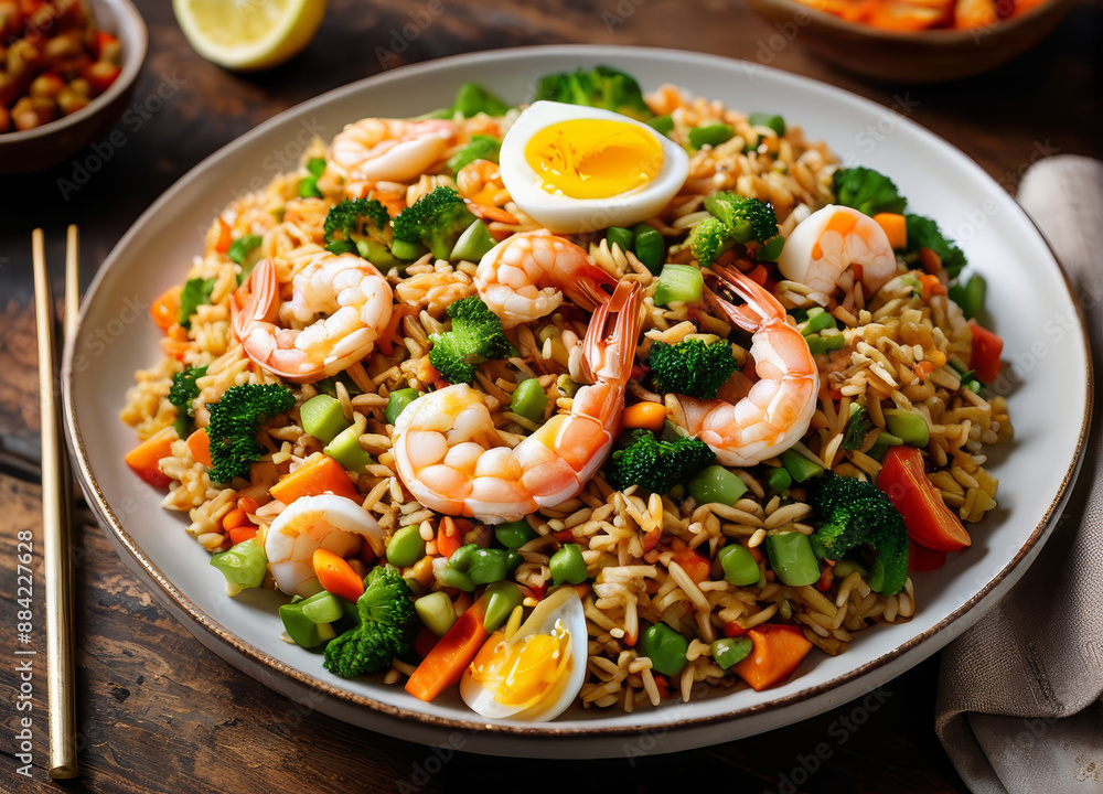 A plate of fried rice with shrimp, eggs, and mixed vegetables, captured from an overhead/top-down view. A plate of fried rice with shrimp, eggs, and mixed vegetables, captured from an overhead/top-down view.