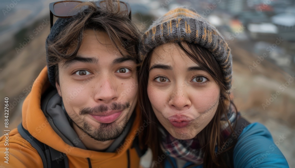 Hilarious Couple Making Funny Faces for a Selfie, Captured on Camera, A Moment of Laughter and Joy in the Mountains Hilarious Couple Making Funny Faces for a Selfie, Captured on Camera, A Moment of Laughter and Joy in the Mountains