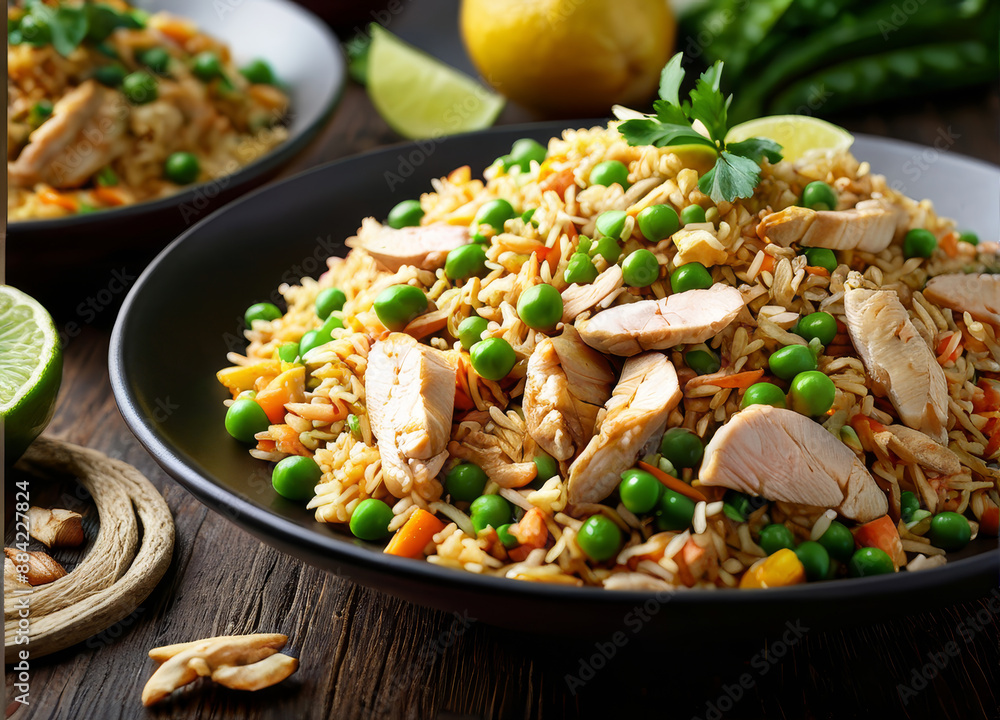 Classic fried rice with chicken, peas, and a side of lime wedges, viewed straight-on. Classic fried rice with chicken, peas, and a side of lime wedges, viewed straight-on.