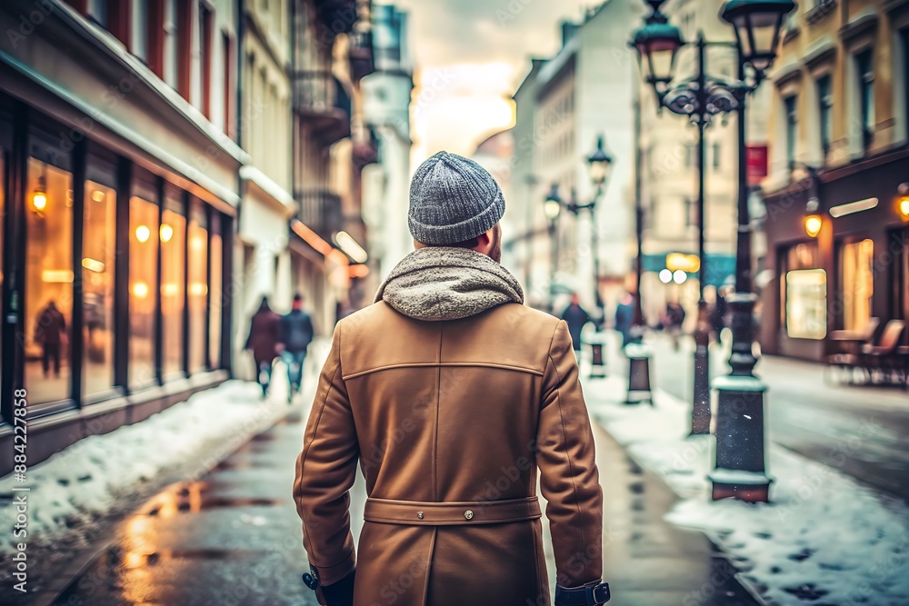 Man Walking Away on a Snowy Street. Man Walking Away on a Snowy Street.