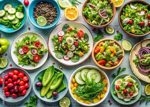 Vibrant overhead flat lay of assorted fresh salads in various plates and bowls, featuring an array of green vegetables, topped with olive oil, showcasing healthy food options.