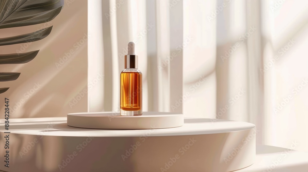 A dropper bottle made of glass with a gold lid. It is sitting on a podium with a white background. There is a plant leaf shadow on the left side of the image. A dropper bottle made of glass with a gold lid. It is sitting on a podium with a white background. There is a plant leaf shadow on the left side of the image.
