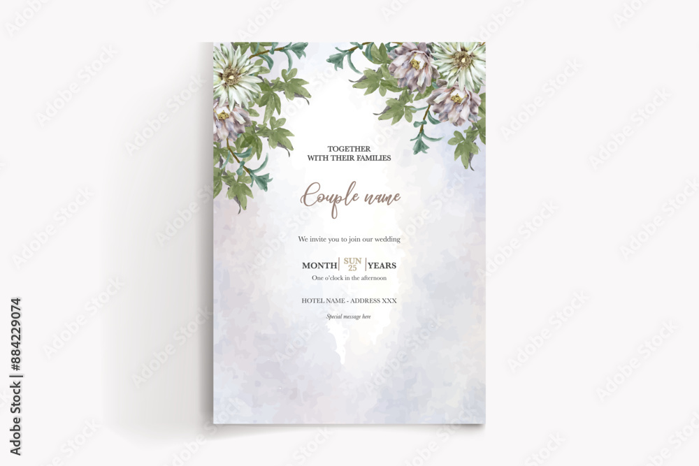 WEDDING INVITATION FRAME WITH FLOWER DECORATIONS AND FRESH LEAVES WEDDING INVITATION FRAME WITH FLOWER DECORATIONS AND FRESH LEAVES