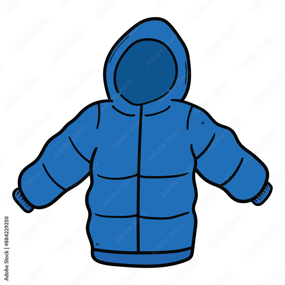 Hand drawn cartoon blue winter jacket on white background. Hand drawn cartoon blue winter jacket on white background.