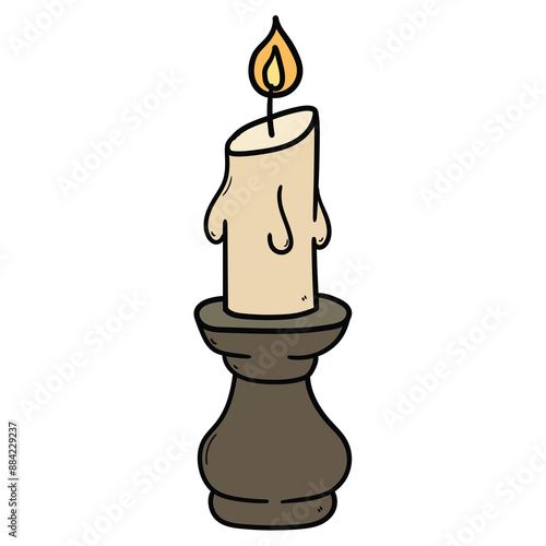 Hand drawn cartoon candle in candle holder on white background.