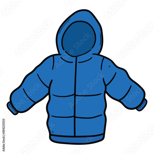 Hand drawn cartoon blue winter jacket on white background.