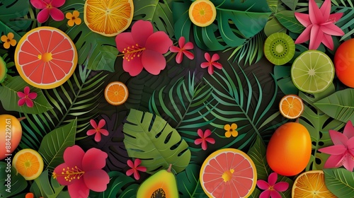 Tropical Paradise: A Vibrant Collage of Fruits and Flowers Background