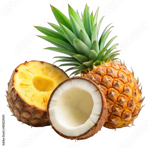 A pineapple, coconut, and pineapple slice on transparent background