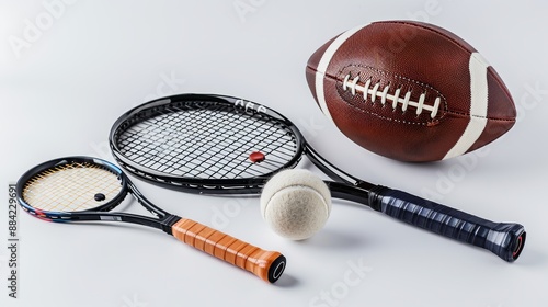 Two tennis rackets, balls, and an american football are placed on a white background, symbolizing well-liked sports