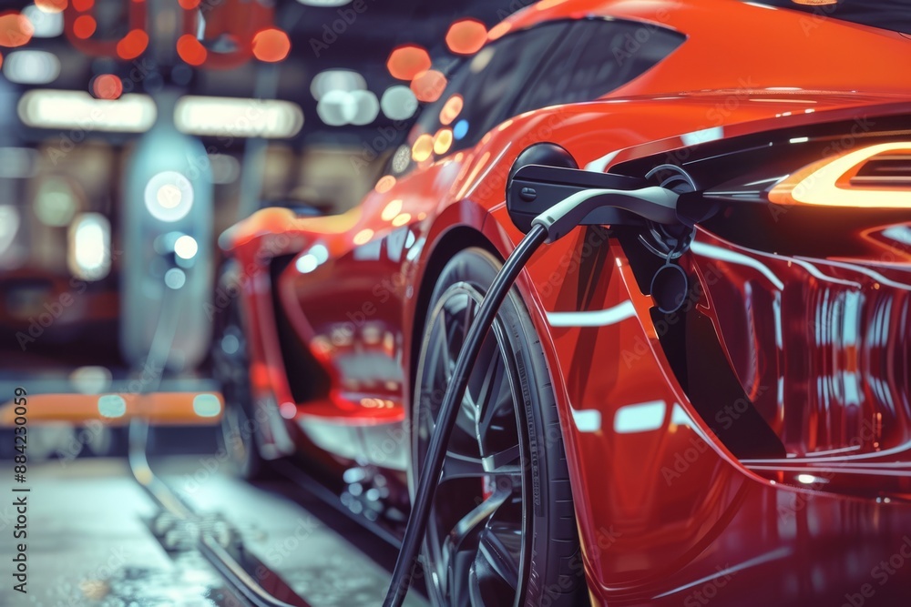 A hightech contemporary automotive garage features a sleek red electric sports car charging station A hightech contemporary automotive garage features a sleek red electric sports car charging station