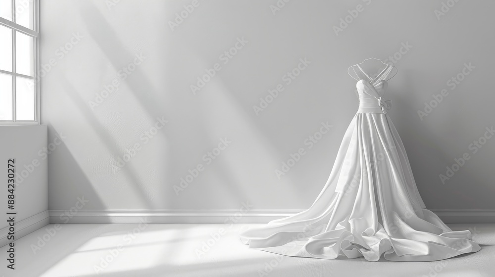 Elegant white wedding dress displayed in a bright room with soft lighting Elegant white wedding dress displayed in a bright room with soft lighting
