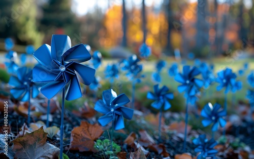 A field of blue pinwheels in a forest setting. The pinwheels stand tall against a backdrop of autumn foliage. photo