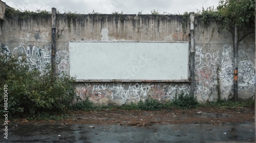 old dilapidated building large whiteboard hanging side appears photo