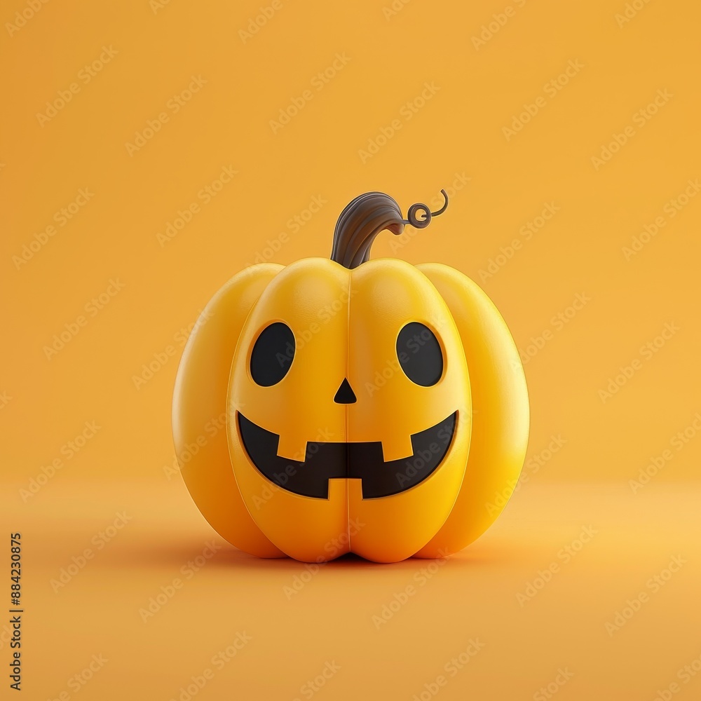 A clean and simple 3D-rendered image of a cute cartoon pumpkin with a spooky grin, set against a high-saturation orange background. The pumpkin is positioned at the center with blank space A clean and simple 3D-rendered image of a cute cartoon pumpkin with a spooky grin, set against a high-saturation orange background. The pumpkin is positioned at the center with blank space