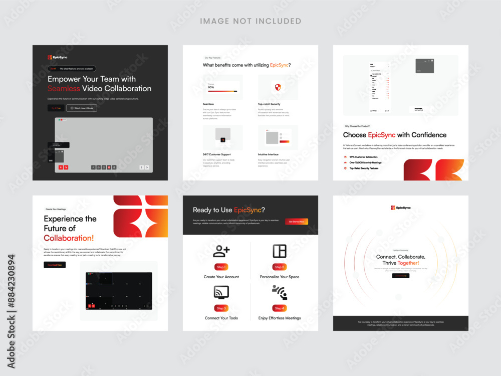 Set of modern and professional social media post templates promoting video collaboration software for teams. Set of modern and professional social media post templates promoting video collaboration software for teams.