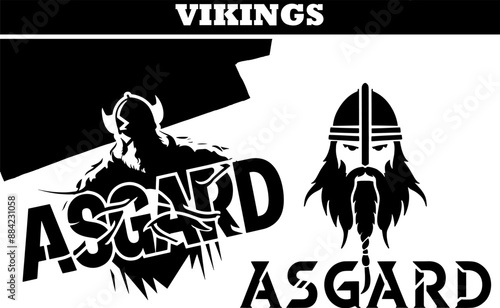 silhouette set of Vintage label font named Asgaard, Viking warrior strong typeface black and white