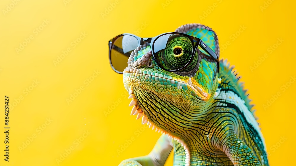 Chameleon Wearing Sunglasses on Solid Background - Generative AI Concept Chameleon Wearing Sunglasses on Solid Background - Generative AI Concept
