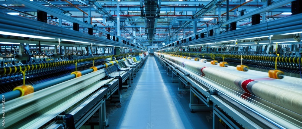 Wide view of a modern textile factory with long rows of production lines efficiently processing fabrics. Wide view of a modern textile factory with long rows of production lines efficiently processing fabrics.