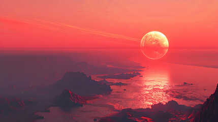 Leinwandbilder Koralle  A solar planet with a stunning view of a red giant star, casting a warm glow over the landscape   © Muhammad