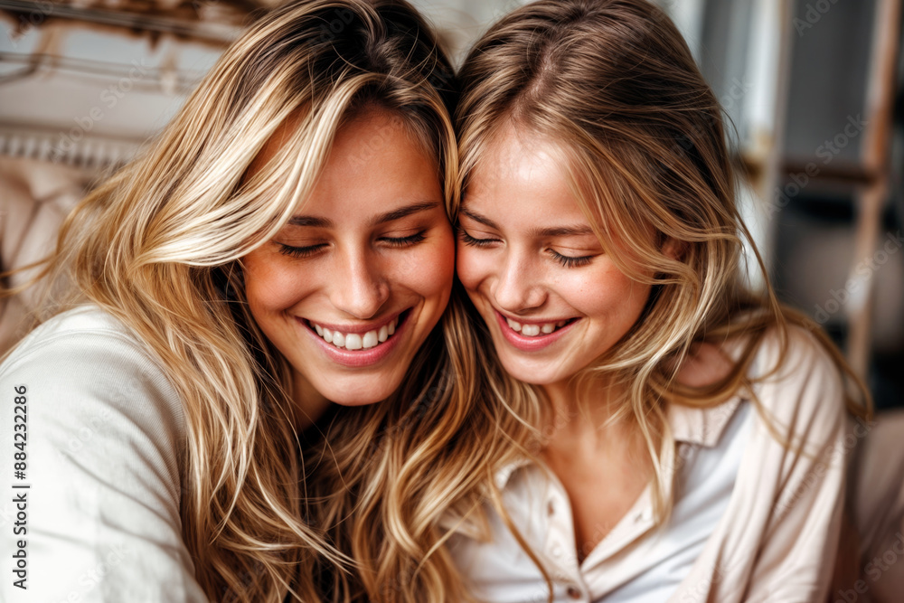 Blonde mother and daughter sharing a joyful moment at home, both smiling and laughing with eyes closed, expressing love and happiness in a warm and cozy setting Blonde mother and daughter sharing a joyful moment at home, both smiling and laughing with eyes closed, expressing love and happiness in a warm and cozy setting