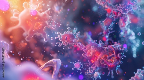 A visually stunning digital render depicting colorful and abstract microscopic organisms swirling in a vibrant, high-tech environment.