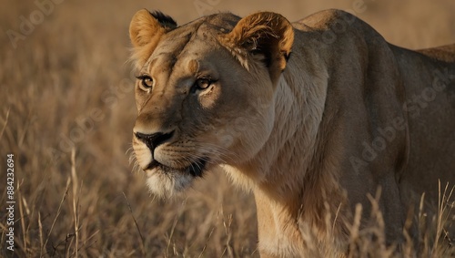 Close-up of lioness hunting in savann photo