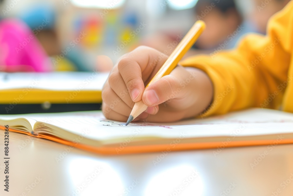 Hand of Student Writing with Pencil in Classroom Hand of Student Writing with Pencil in Classroom