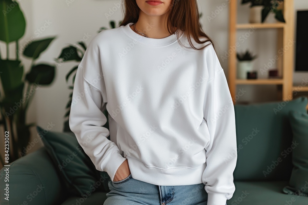 Relaxed Woman in White Sweatshirt at Home Relaxed Woman in White Sweatshirt at Home