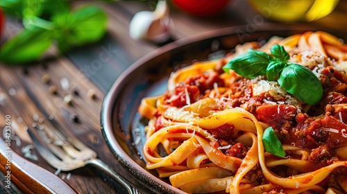 Fettuccine with Bolognese sauce or meat ragu Italian cuisine photo