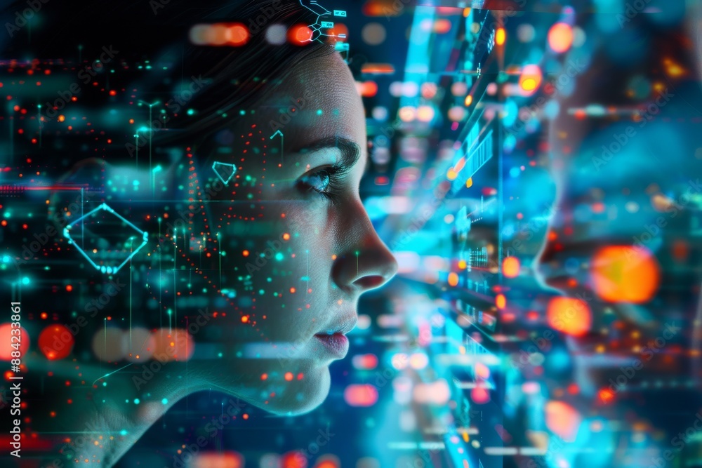 Digital Interface: Woman Interacting with Data Digital Interface: Woman Interacting with Data