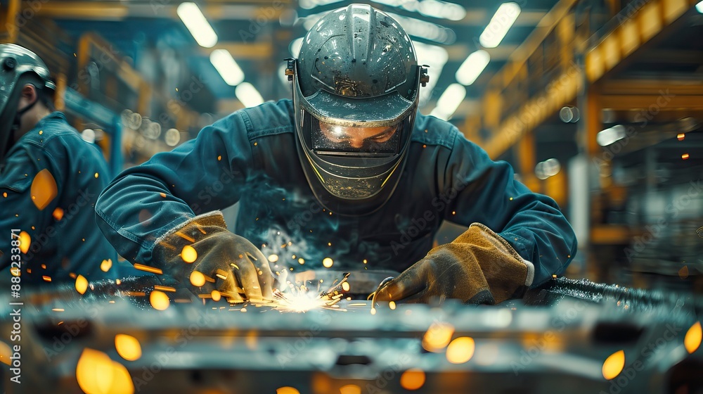 Workers using a welding machine in a factory, two men wearing protective helmets and dark blue uniforms Workers using a welding machine in a factory, two men wearing protective helmets and dark blue uniforms