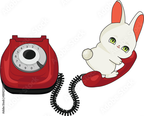 A cute rabbit answers a telephone call