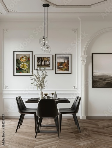 A sleek and clean minimalist dining room with modern black chairs, a dining table, and various wall art decorations.