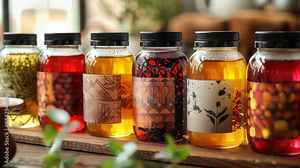 A variety of herbal juices in glass bottles, including camomile, luomilion, and amorese. A variety of herbal juices in glass bottles, including camomile, luomilion, and amorese.