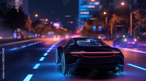 Futuristic electric car driving at night