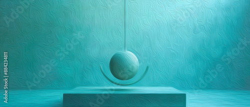 A minimalist geometric composition featuring a suspended sphere above a curved arc, both positioned over a rectangular pedestal, all set against a textured teal background.Generative AI background