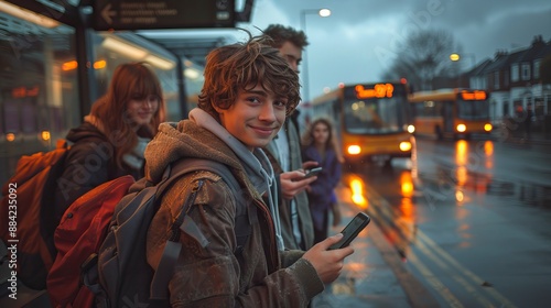 A cinematic photo of teenagers with backpacks waiting at the bus stop 