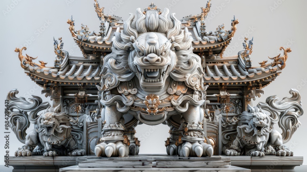 A temple guarded by a mythical beast, its entrance hidden by a cloak of illusion, in white background A temple guarded by a mythical beast, its entrance hidden by a cloak of illusion, in white background